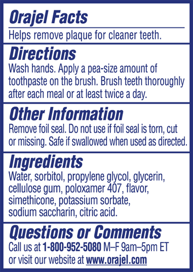 Orajel PAW Fluoride Free Paste Product Label